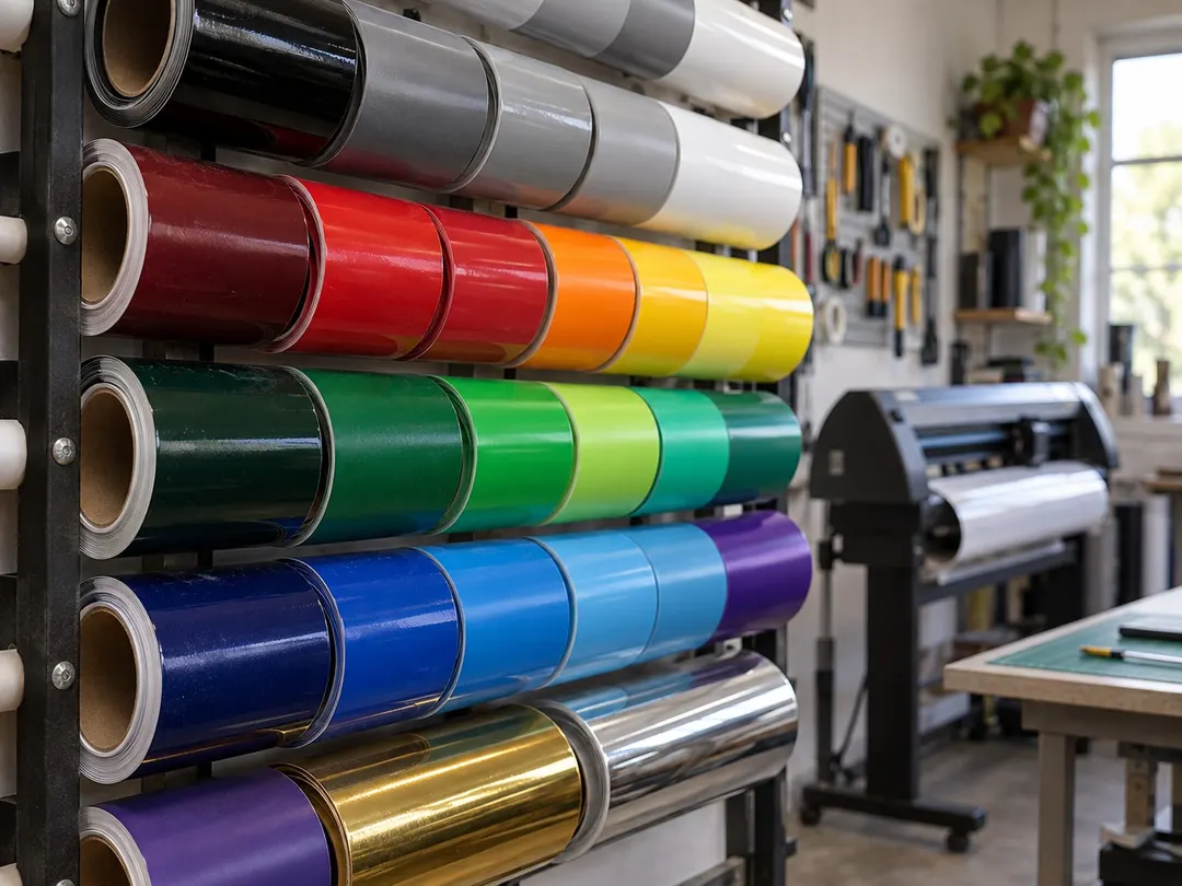 Folienrollen in vielen Farben in einem Wandregal, daneben ein Schneideplotter